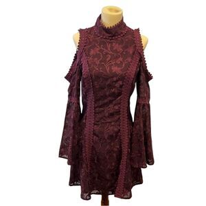 VENUS | fit & flare cold shoulder bell sleeve burgundy lace high neck dress 6